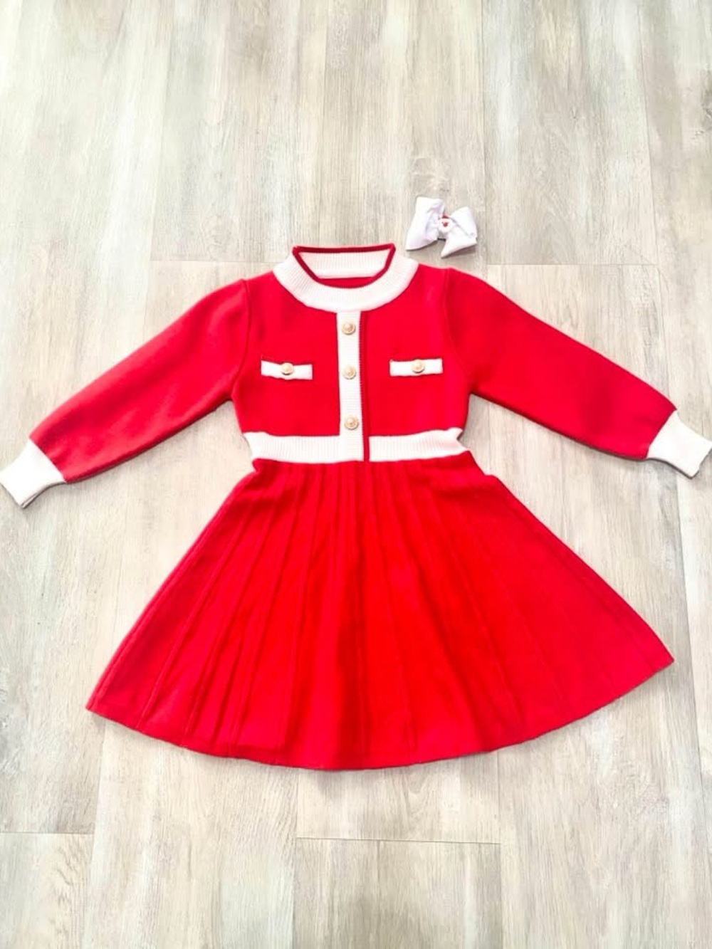 Girls Red Knit Dress with White Trim